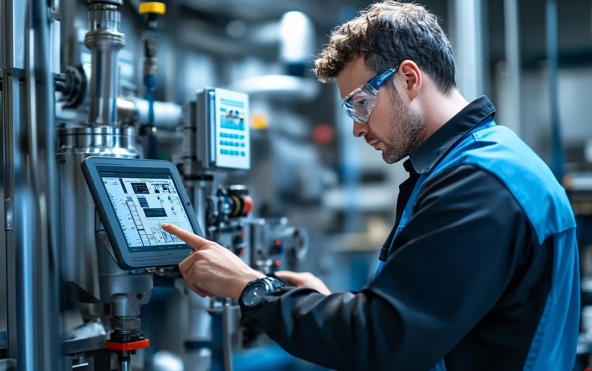 Engenheiro inspecionando máquinas industriais